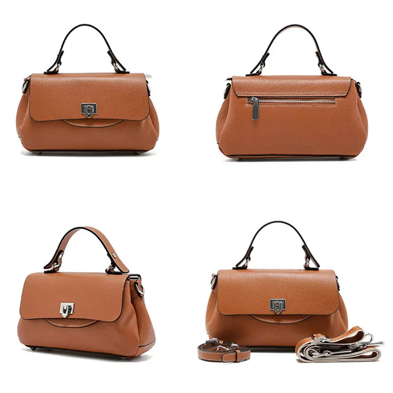 Brown handbag with strap on a white background