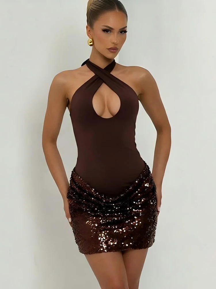 Brown cross neck ruched sequin mini dress