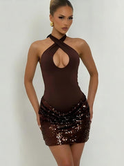 Brown cross neck ruched sequin mini dress