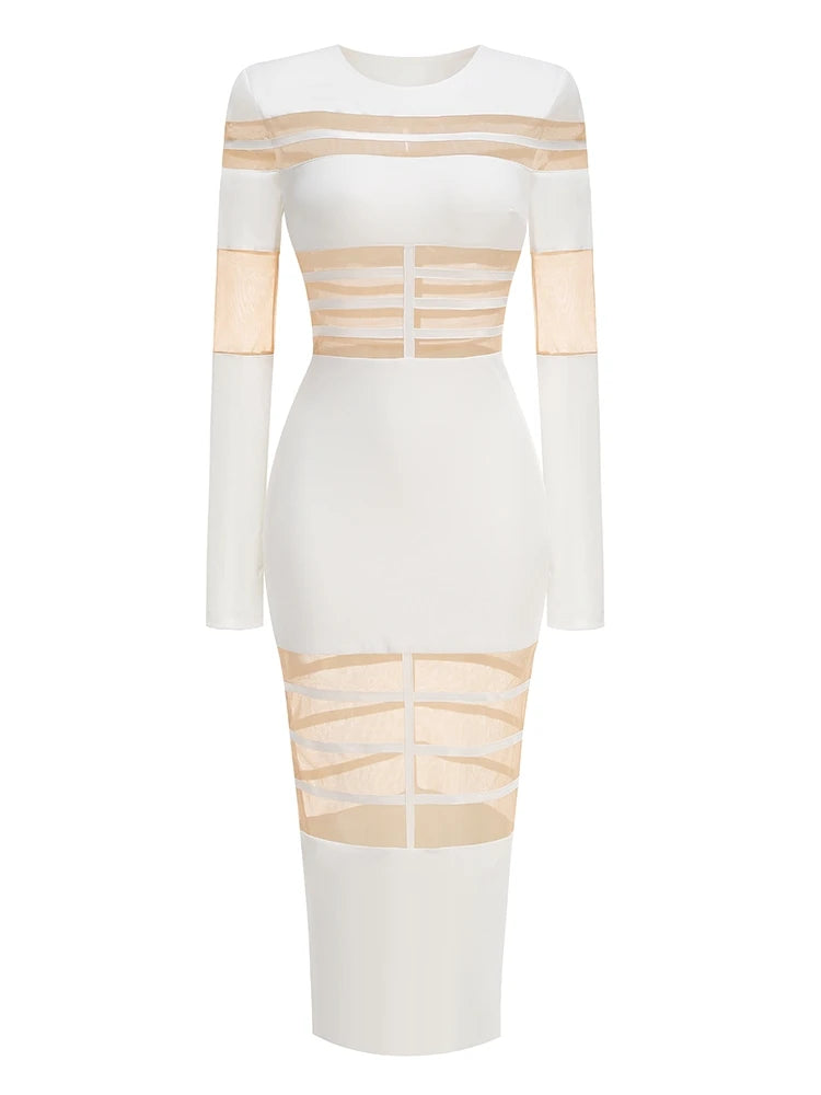 White dress with beige mesh panels on a white background