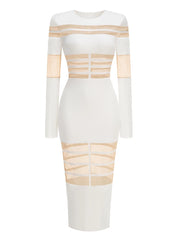 White dress with beige mesh panels on a white background