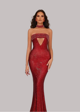 Strapless crystal embellished mermaid gown on model