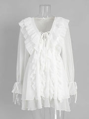 Ruffled Lace Up Long Sleeve Mini Dress
