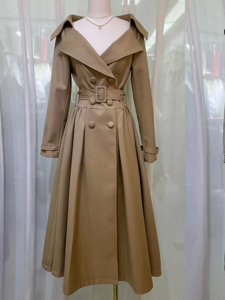 Tan turn-down collar double breasted midi dress