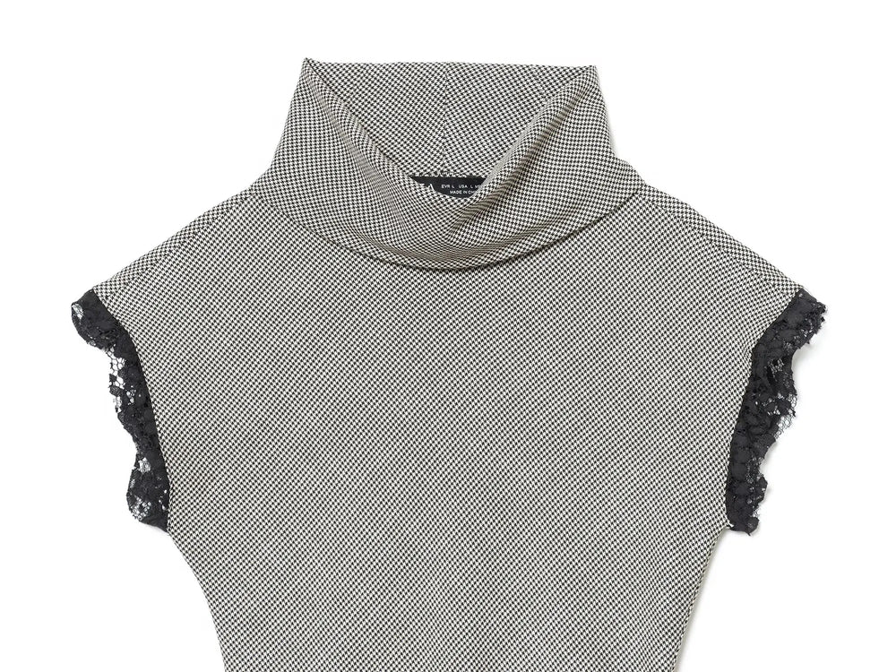 Gray sleeveless top with black lace trim on a white background