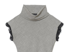 Gray sleeveless top with black lace trim on a white background