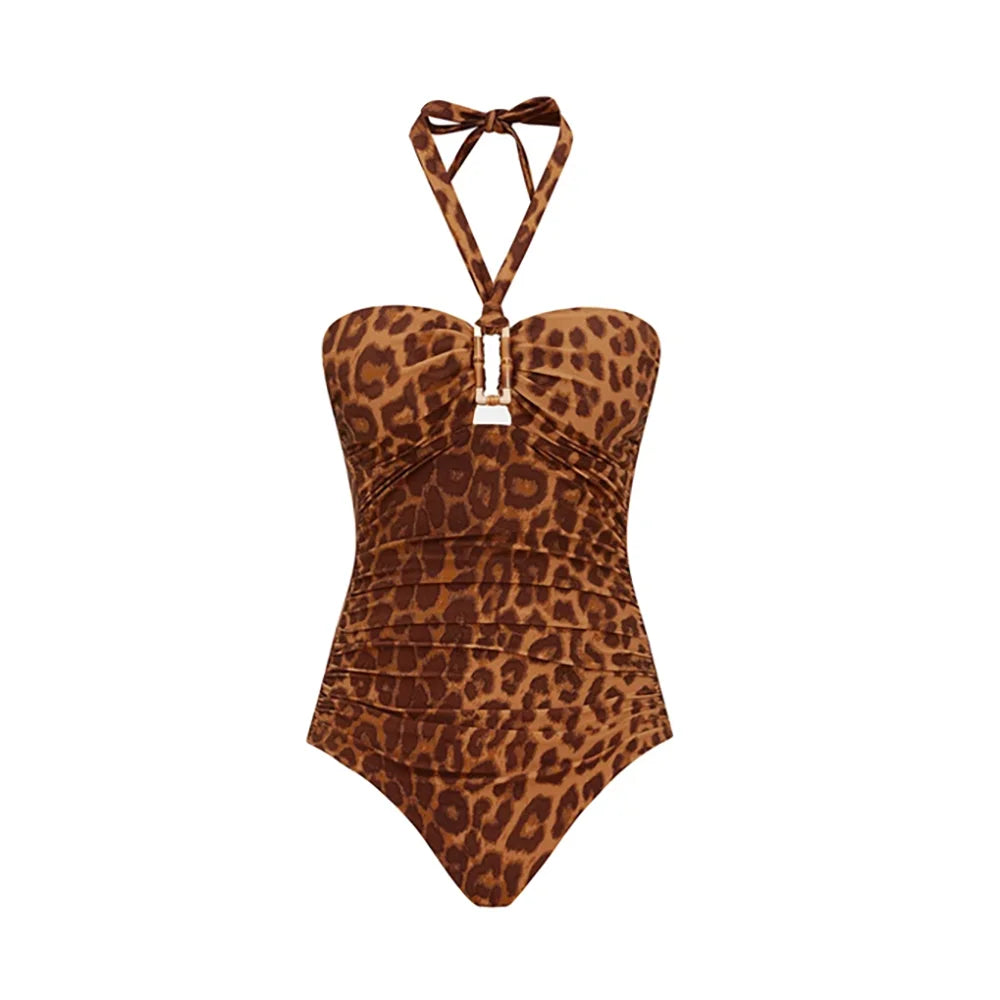 Leopard print halter neck one-piece swimsuit