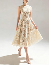 Round neck sleeveless lace midi dress with flared skirt