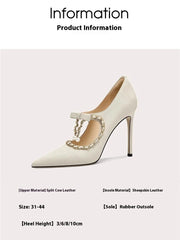 White high-heeled shoe with decorative strap on a white background, featuring product information text.