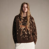 Dark brown crew neck knit sweater with fawn graphic print