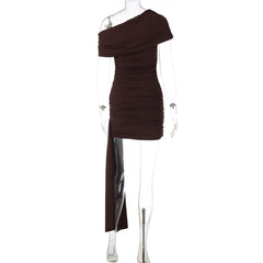 Brown one-shoulder dress on a mannequin against a white background