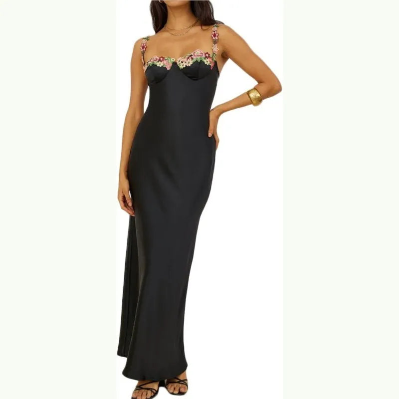 Black satin slip dress with floral embroidered neckline and straps