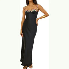 Black satin slip dress with floral embroidered neckline and straps