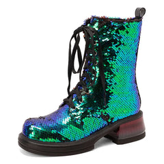 Multicolored sequin boot with black laces on a white background
