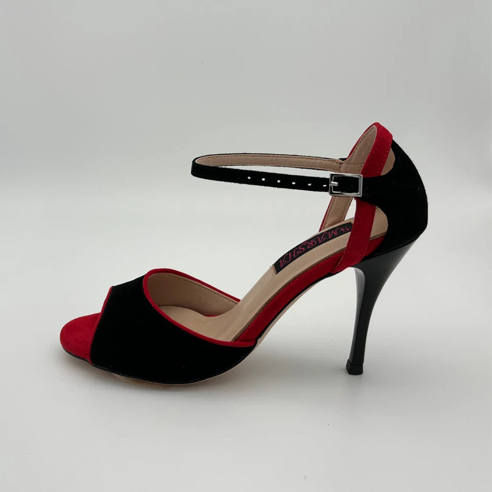 Black red suede high heel shoe profile view