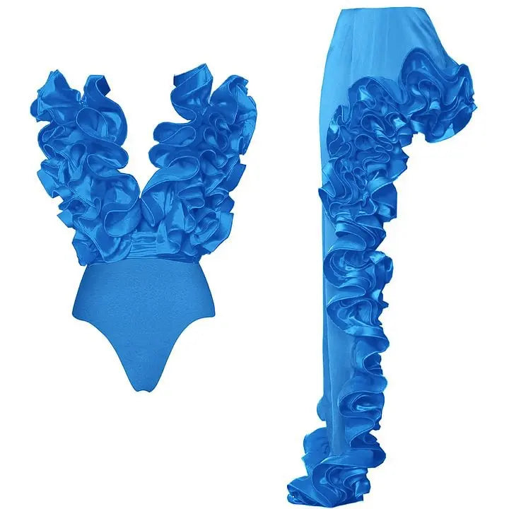 Blue ruffled V-neck swimwear top and ruffled skirt