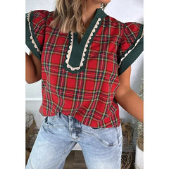 Plaid V-Neck Ruffle Sleeve Top