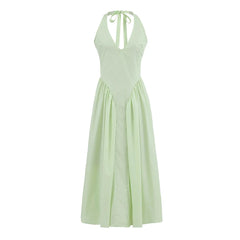 Plunge Neck Gathered Waist Ball Gown Dress