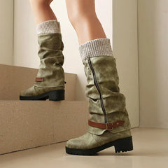 Knit Cuff Faux Leather Buckle Riding Boots