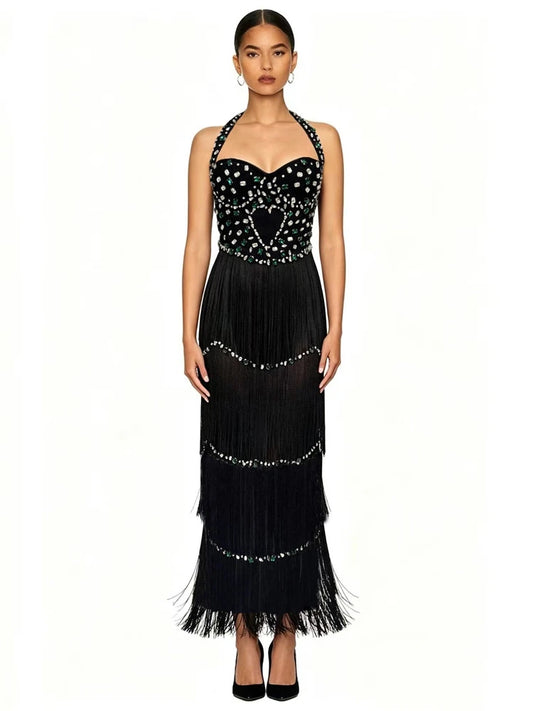 Black beaded halter neck fringe dress