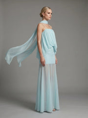 Blue Folds Spaghetti Strap Chiffon Maxi Dress