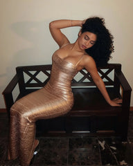 Metallic Square Neck Spaghetti Strap Maxi Dress