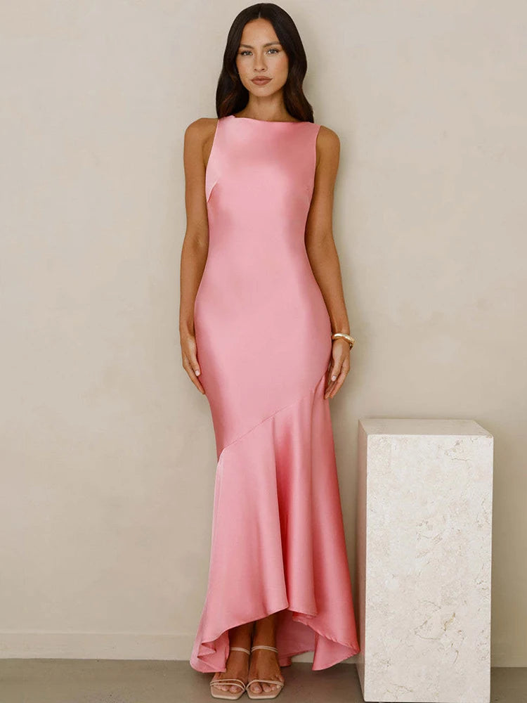 Pink satin backless asymmetrical hem maxi dress