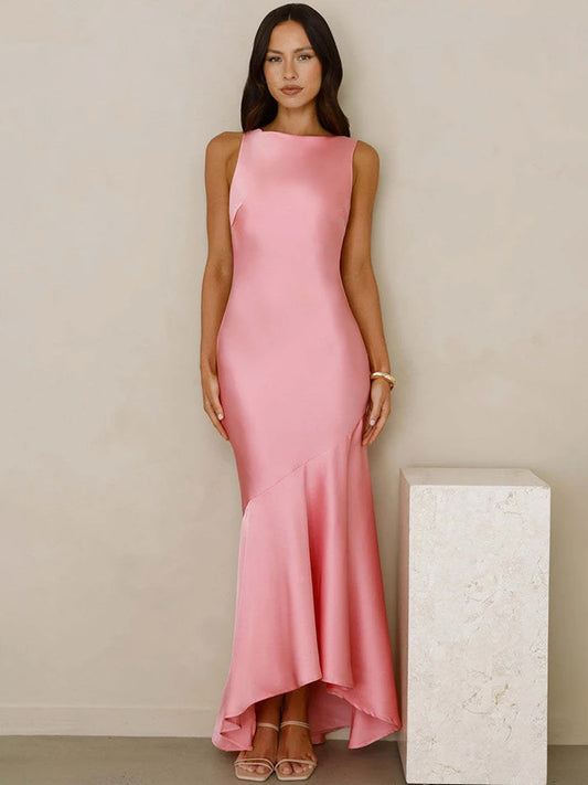 Pink satin backless asymmetrical hem maxi dress