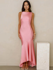 Pink satin backless asymmetrical hem maxi dress