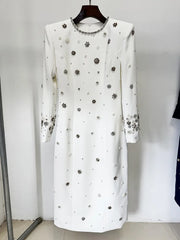 Beaded long sleeve midi dress in white