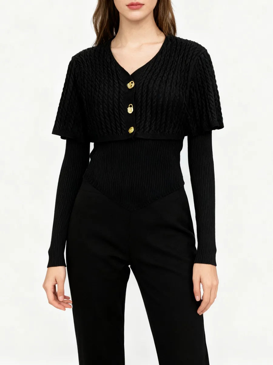 Sculptural layered neckline knit top styled for everyday wear