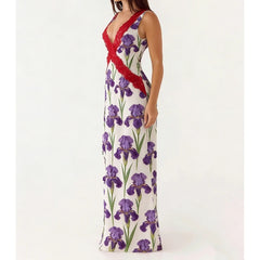 Floral print maxi dress with red lace V-neck detail, side view