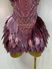 Purple Sequin Strapless Beaded Feather Mini Dress