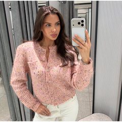 Bouclé button front coat in pink