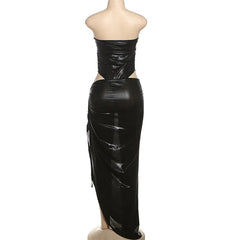 Black strapless outfit on a mannequin against a white background