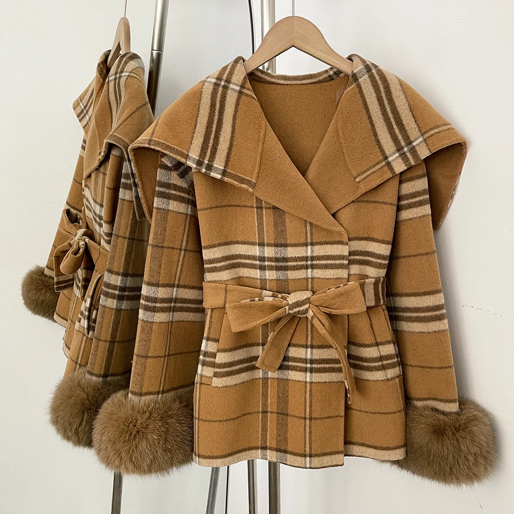 Plaid double-breasted coat with fur cuffs in Khaki Plaid