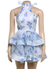 Mannequin wearing a blue floral dress on a white background