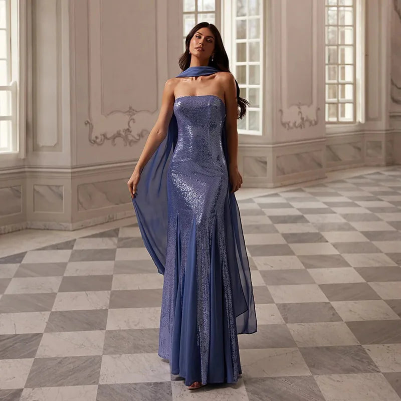 Strapless sequin column evening gown with chiffon overlay