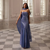 Strapless sequin column evening gown with chiffon overlay