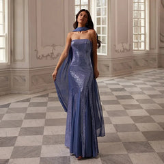 Strapless sequin column evening gown with chiffon overlay