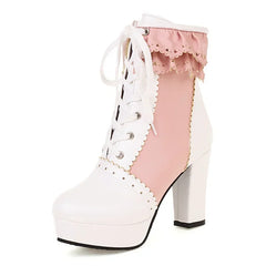 White lace-up platform boot with pink inner lining on a white background