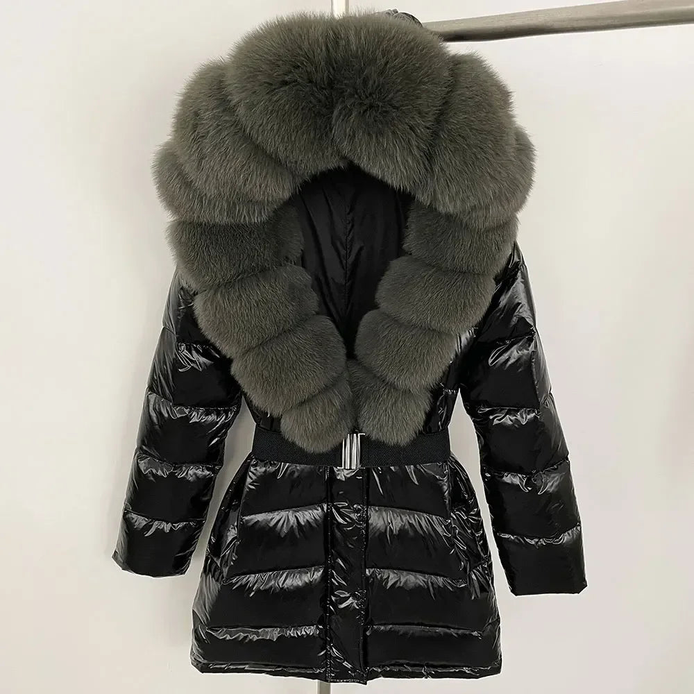 Black puffer jacket with large fur collar