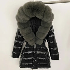 Black puffer jacket with large fur collar
