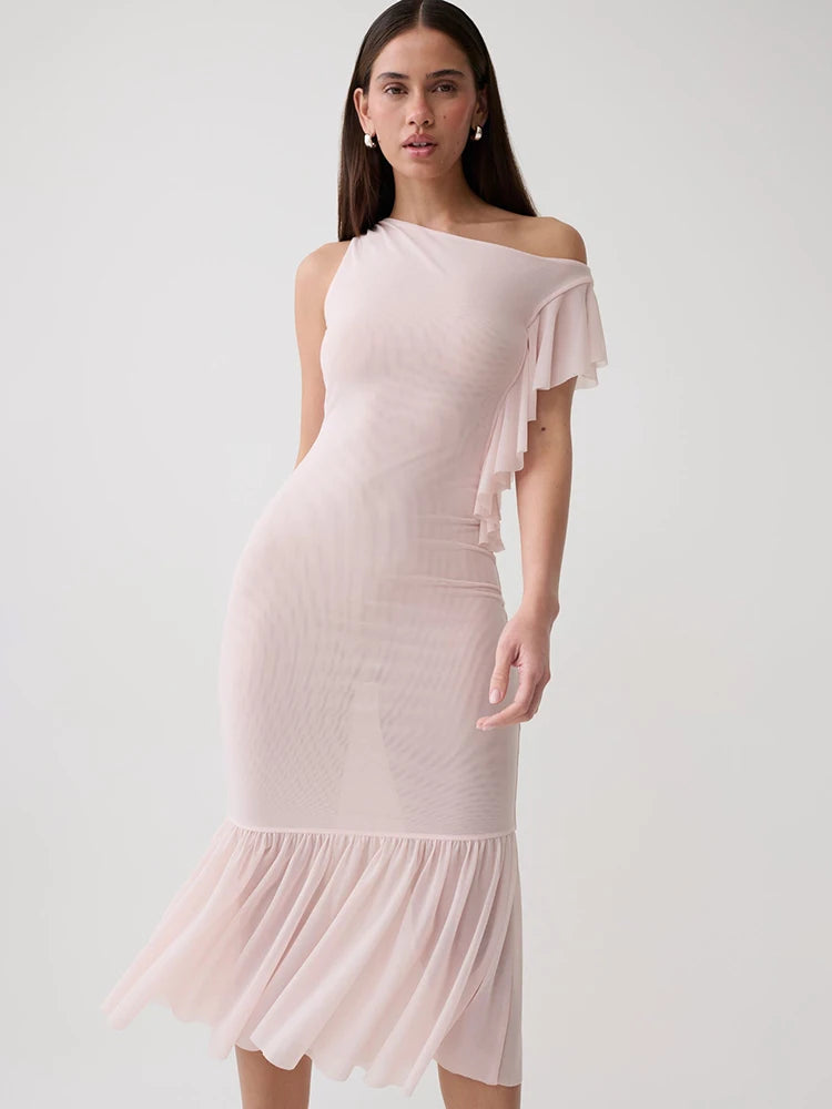 Asymmetrical one shoulder midi dress side view