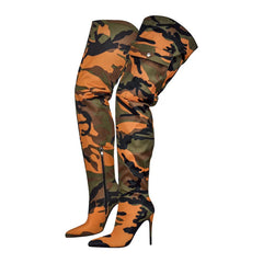 Pointed Toe Thigh High Camouflage Boots