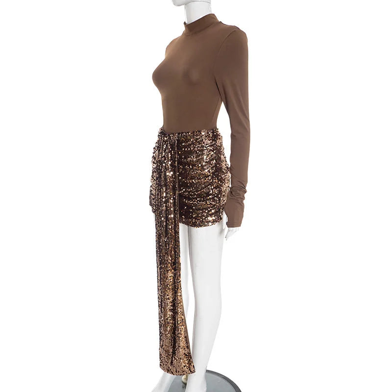 Mannequin wearing a brown turtleneck and sequined skirt on a white background