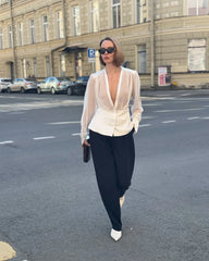 Sheer-Effect Deep V Blouse with Long Sleeves