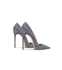 Gray Floral Lace Pointed Heels | Elegant Lace Stiletto Party Pumps