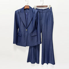 Notched lapel single button blazer and flare leg trousers displayed on hangers