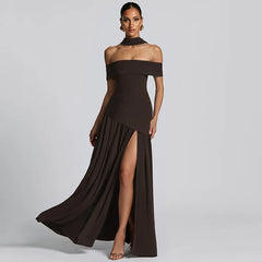 Woman wearing a brown off-shoulder gown with a slit on a gray background